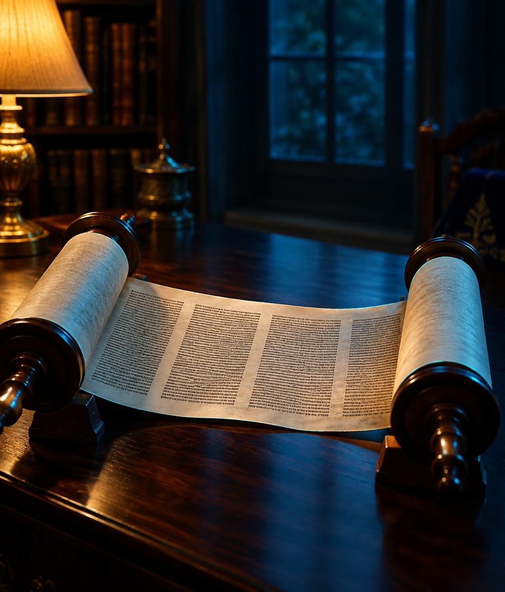 An open Torah scroll on a dark wooden table, softly lit